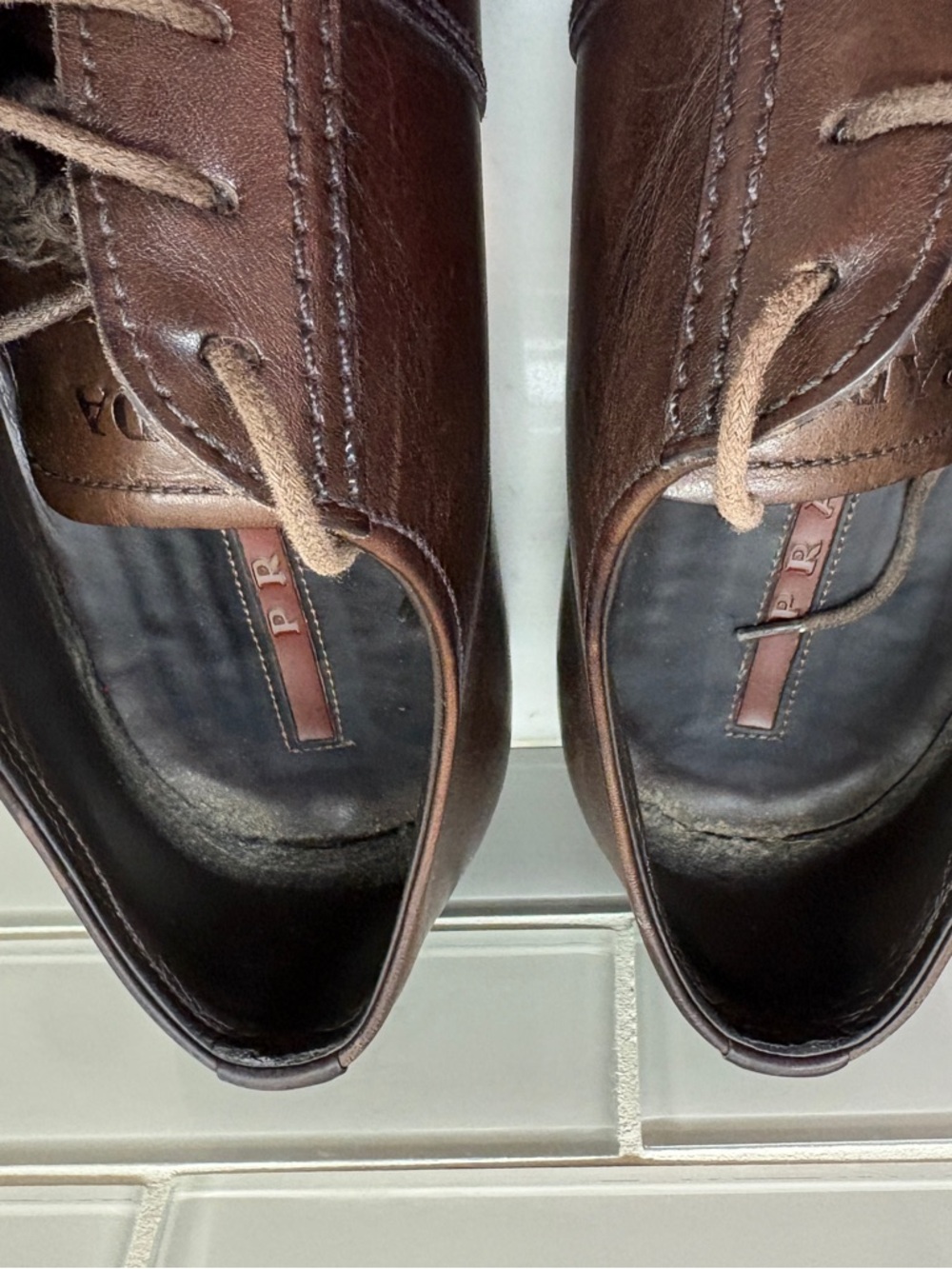 Prada Men's Brown Leather Lace-Up Oxfords - Picture 9 of 16